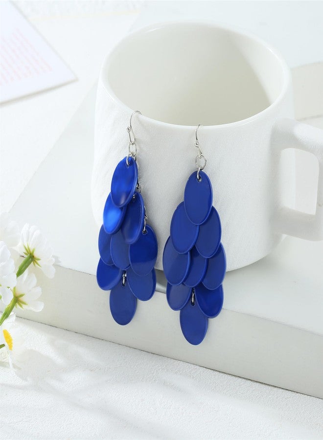Xalroco Chandelier Dangle Earrings for Women Long Trendy Statement Elegant Sparkly Drop Earrings Colorful Boho Fancy Oval Shell Dangly Earrings Wedding Bride Jewelry Gift (blue) - Image 3